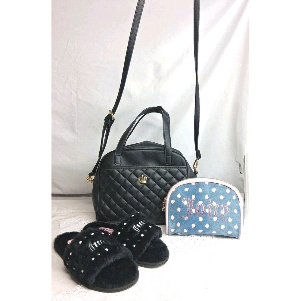 Juicy Couture Black Royal Crown Satchel Bag Crossbody Purse Makeup Bag & Slipper